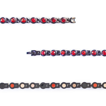 Close-up of Crimson bracelet showing round red crystal links.